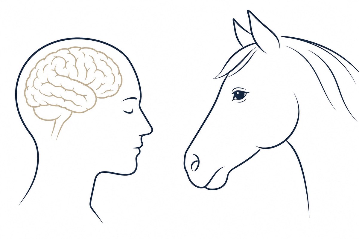 Un profil humain laissant voir le cerveau, face à une tête de cheval, dessinés au trait