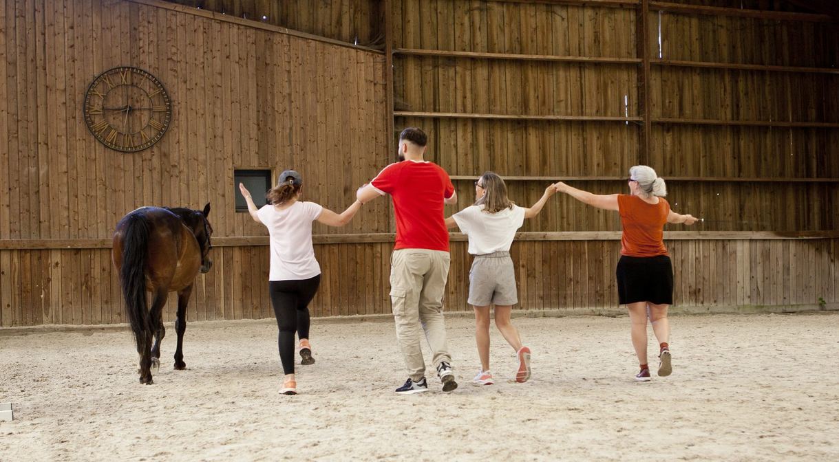 Quatre participants se tiennent par la main et avancent en ligne aux côtés d'un cheval